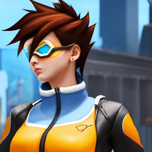 Image similar to digital painting of tracer overwatch wearing large leather collar, standing in city area, 4 k, realistic,