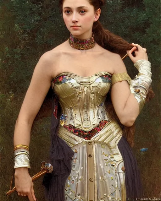 Image similar to a girl who resembles a 16-year old Audrey Hepburn and Scarlett Johansson, dressed in ornate, detailed, intricate iridescent opal armor, detailed oil painting by William Adolphe Bouguereau and Donato Giancola