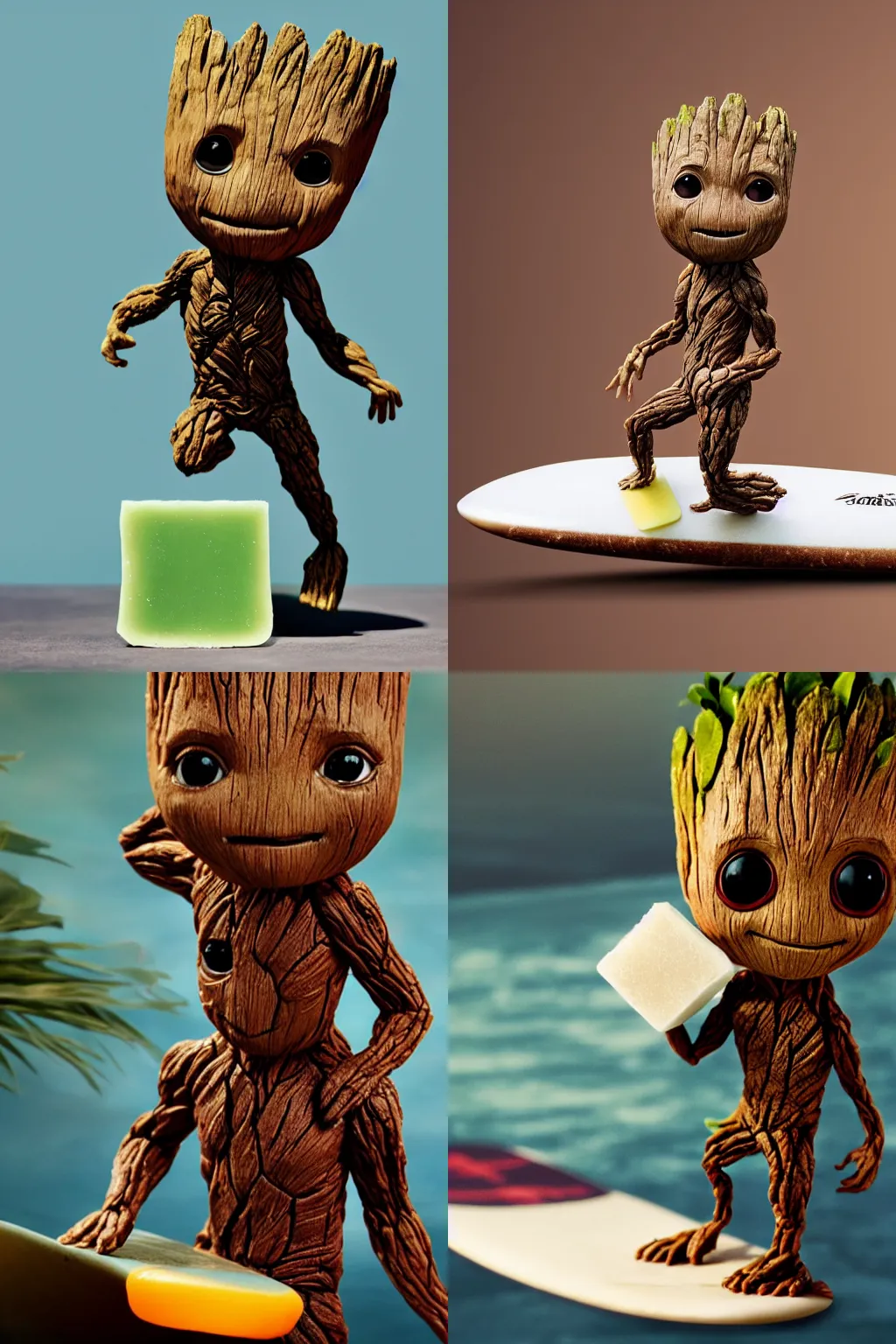 Prompt: little Groot riding on a surfboard in the form of a bar of soap, cinematic angle, poster style