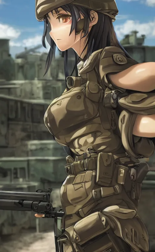 Image similar to portrait of a female soldier, highly detailed, high resolution, military camp in the background, anime style, stunning, girls frontline style, bokeh soft, 3d rendering, guilty gear strive graphics, 100mm, trending on instagram, by professional photographer, realistic human anatomy, realistic military carrier, modern warfare, realistic weapon, shot with a arriflex 35 ii, low saturation, small eyes