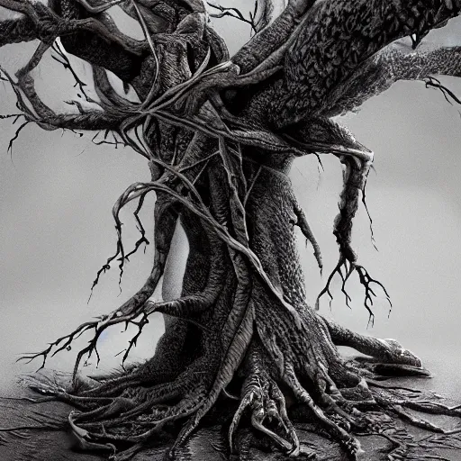 Prompt: A tree with translucent skin, visible muscles and veins and arteries and bones and spines and nerves, beautiful detailed intricate insanely detailed octane render, 8k artistic photography, photorealistic, chiaroscuro, by David Cronenberg, Raphael, Caravaggio