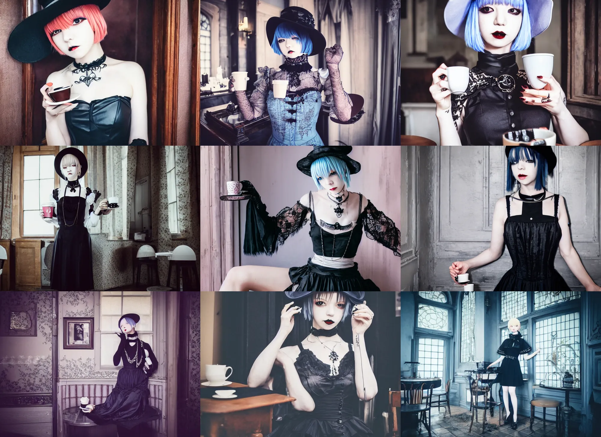 Prompt: full body portrait photo of reol wearing a elegant gothic dress, open top, wearing a chocker and cute hat, drinking coffee in a victorian cafe interior, dim lighting, moody, realistic, intricate and detailed, dark, skin tinted a warm tone, light blue filter, hdr, lomography