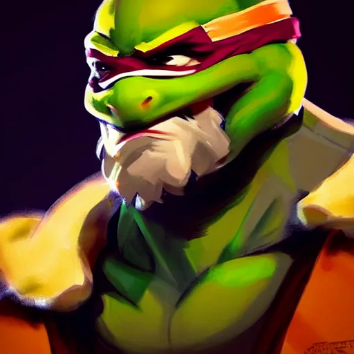 Image similar to Greg Manchess portrait painting of Michelangelo of TMNT as Overwatch character, medium shot, asymmetrical, profile picture, Organic Painting, sunny day, Matte Painting, bold shapes, hard edges, street art, trending on artstation, by Huang Guangjian and Gil Elvgren and Sachin Teng