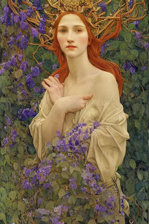 Image similar to queen of the springtime with leaves and vines growing from her, by Annie Swynnerton and Nicholas Roerich and jean delville, dramatic cinematic lighting , ornate headdress , flowing robes, lost civilizations, smooth, sharp focus, extremely detailed