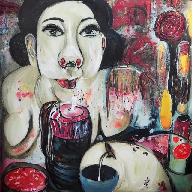 Image similar to “ a portrait in a female art student ’ s apartment, sensual, a pig theme, pork, pottery supplies, pottery work in progress, a candle dripping white wax, pottery glaze, squashed berries, berry juice drips, acrylic and spray paint and oilstick on canvas, surrealism, neoexpressionism ”