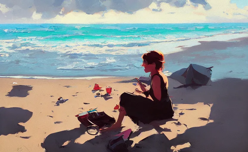 Prompt: a day at the beach by Atey Ghailan and Garmash, Michael