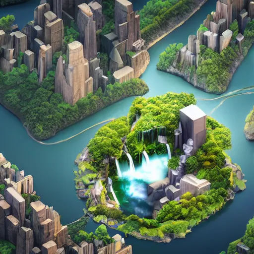 Image similar to new york surrounded by waterfalls on a floating island in the sky, low poly art, isometric art, 3d render, ray tracing, high detail, artstation, concept art, behance, smooth, sharp focus, ethereal lighting, unreal engine 5