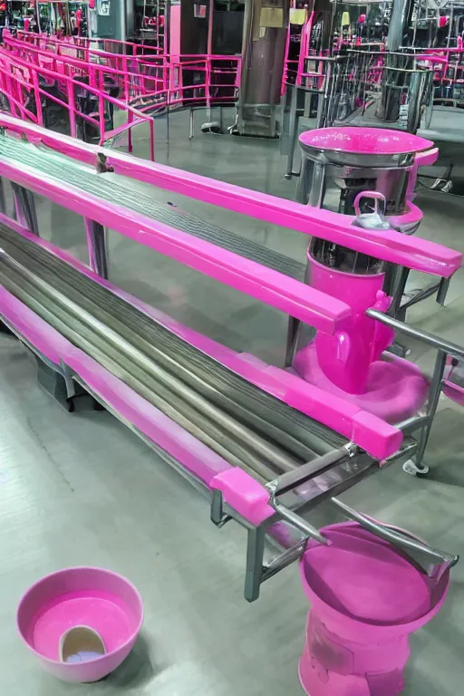 Prompt: conveyor belt transporting pink potion bottles