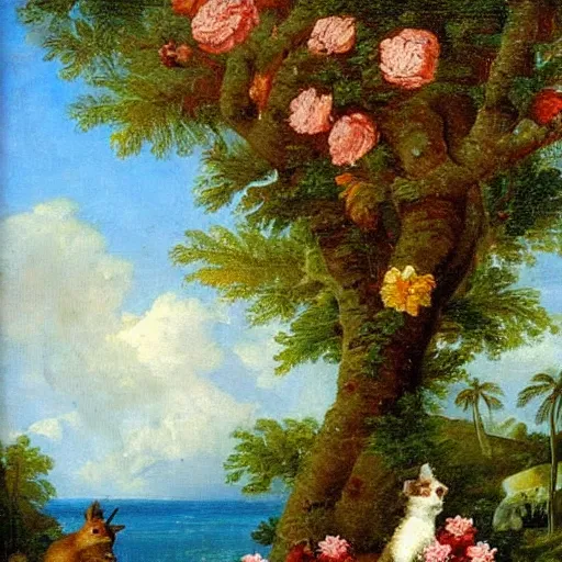 Image similar to a giant squirrel carrying napoleon!!! on its back, beach scene with flowers and foliage, detailed oil painting