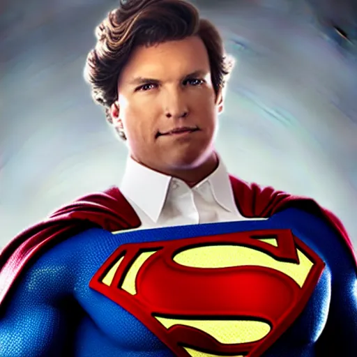 Prompt: portait photo of Tucker Carlson as Superman, studio lighting, solid white background, hyperrealistic, 8k, artstation, professional photo.