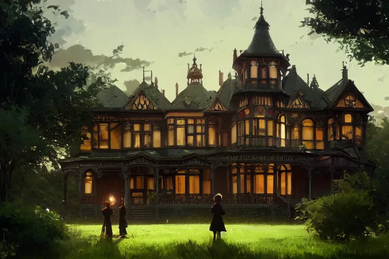 Image similar to an ornate victorian house, party in front, scene in an open field. 1 8 9 0, key visual, conceptart, ambient lighting, highly detailed, digital painting, artstation, concept art, sharp focus, by makoto shinkai and akihiko yoshida and greg manchess