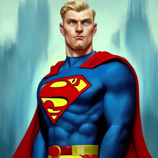 Prompt: portrait of a nazi superman with short blond hair and blue eyes, highly detailed, digital painting, artstation, concept art, wallpaper, smooth, sharp focus, illustration, art by artgerm and greg rutkowski and alphonse mucha