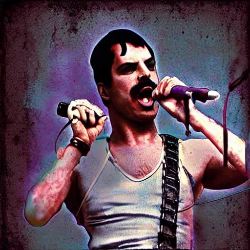 Prompt: Freddie mercury is singing in a post apocalyptic world, digital art