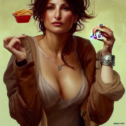 Image similar to portrait of Gina Gershon eating hamburgers, extra onions and ketchup, luscious patty with sesame seeds, feminine ethereal, handsome, D&D, fantasy, intricate, elegant, highly detailed, digital painting, artstation, concept art, matte, sharp focus, illustration, art by Artgerm and Greg Rutkowski and Alphonse Mucha