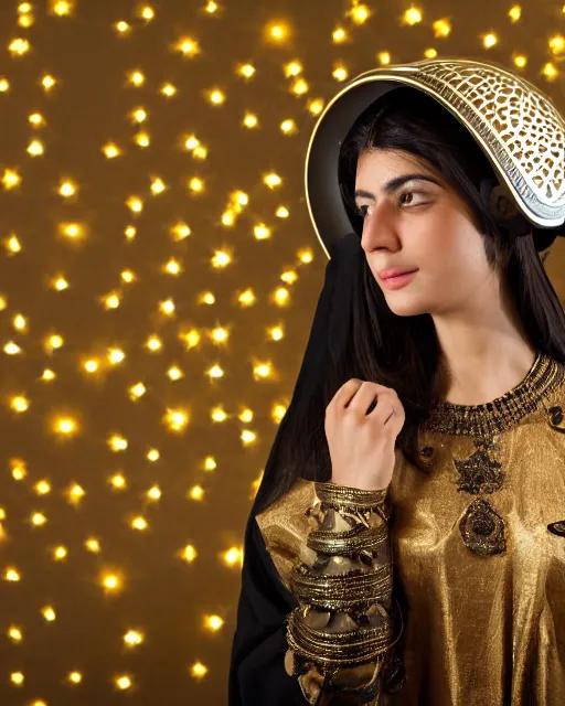 Image similar to centered medium shot fine studio photograph of a beautiful persian girl wearing a persian solarpunk electronic helmet with led lights, golden ornaments, ultra-realistic, white background, 8k HDR morning light, intricate detail