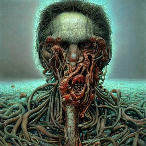 Image similar to jerma full body portrait, body horror, biopunk, oil on canvas, creative design, by zdzisław beksinski, marco mazzoni, peter gric