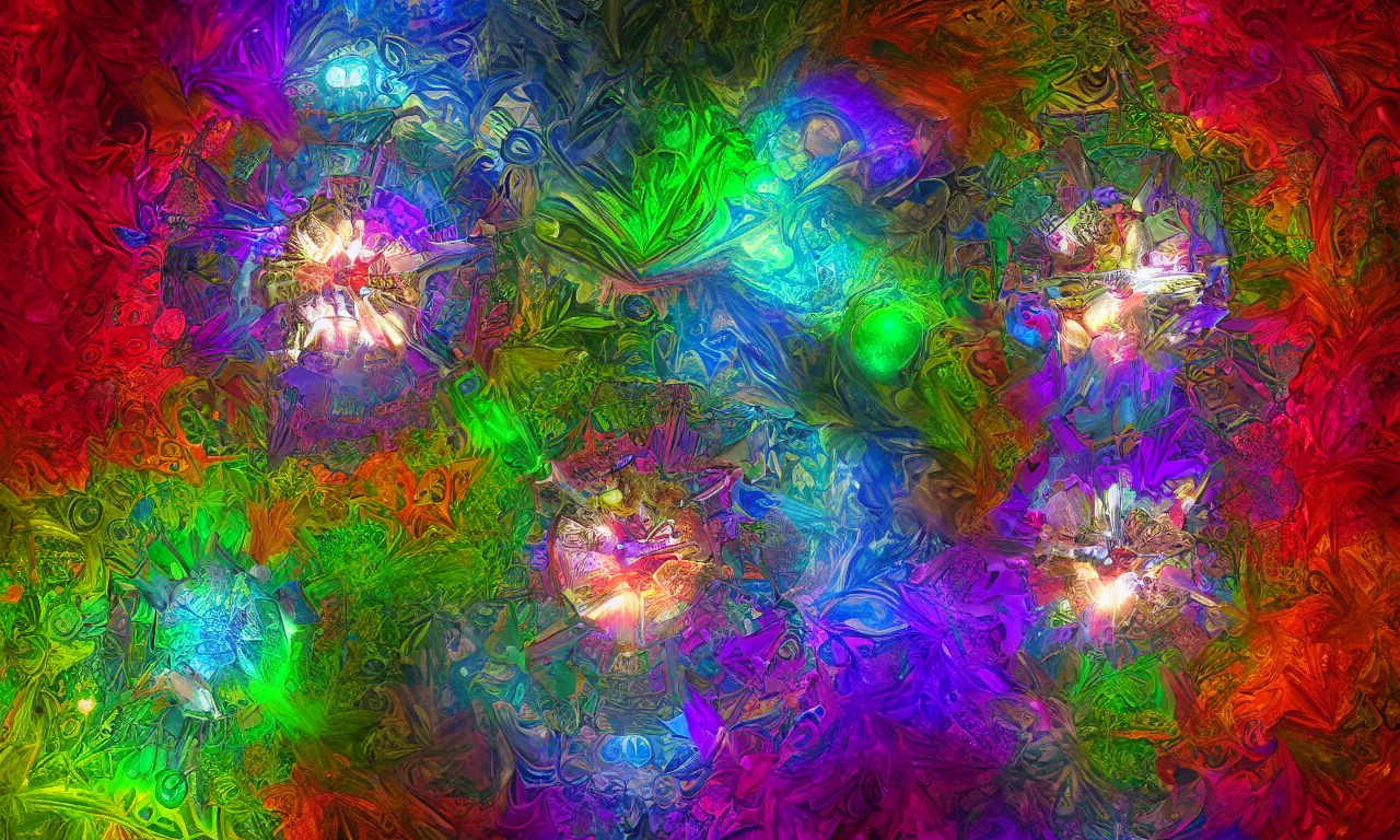 Image similar to voronoi engine laboratory 3 d volume kaleidoscope mandala fractal chakra digital multicolor stylized concept substance liquid nebula stone, a spectacular view cinematic rays of sunlight comic book illustration, by john kirby radiating a glowing aura global illumination ray tracing hdr depth fog overlay multiply photoshop layer