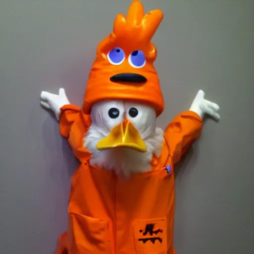 Image similar to chicken dressed as an inmate