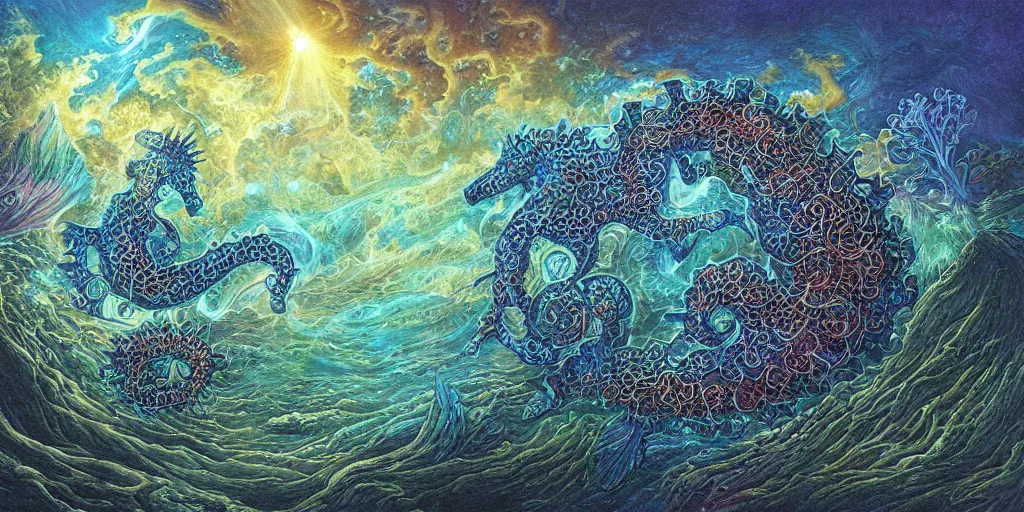 Image similar to bioluminescent seahorse by dan seagrave art