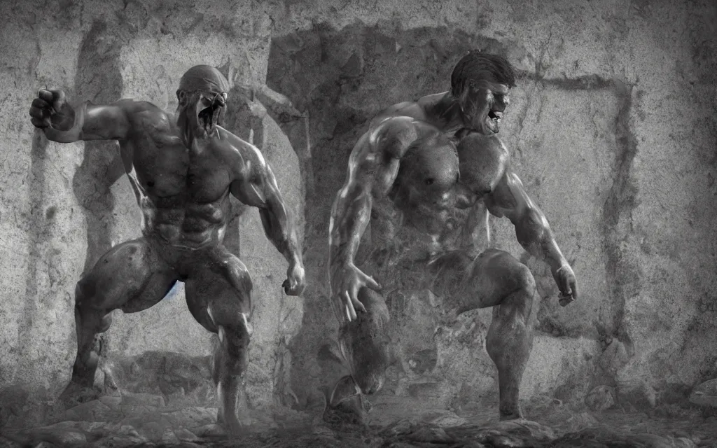 Image similar to muscle man claiming victory over the bodies of his enemies, atmospheric, mist, epic, photorealistic, realistic, rule of thirds, extremely detailed, 4 k, 8 k, unreal engine 5 render, rim lighting, rtx, ray traced lighting, shot on 3 5 mm, film grain, looking through a window frame