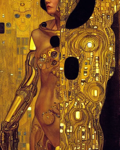 Prompt: Golden Portrait of a Cyborg from Ghost in the shell by Gustav Klimt and HR Giger, cyberpunk noir, baroque elements, intricate artwork by caravaggio, aesthetic, intricate, highly detailed, masterpiece