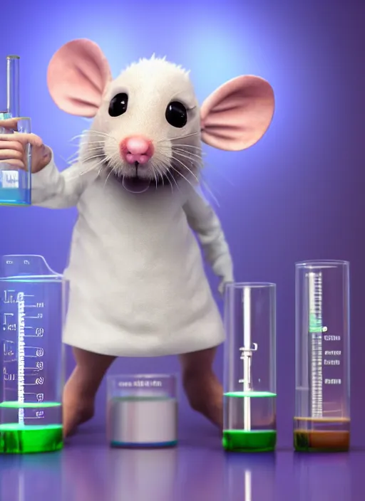 Image similar to a 3D render of a cute fuzzy pet rat dressed in a white lab coat mixing test tubes of chemicals in a chemistry lab, bokeh, Canon 50mm, cinematic lighting, volumetric light, octane, octane render, redshift render