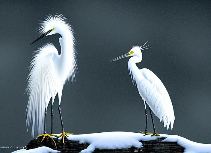 Image similar to an extremely detailed masterpiece photorealistic of a snowy egret in a bird sanctuary rookery, in the style of brian bolland, digital art, unreal engine, volumetric lighting, dark moody lighting, epic scene