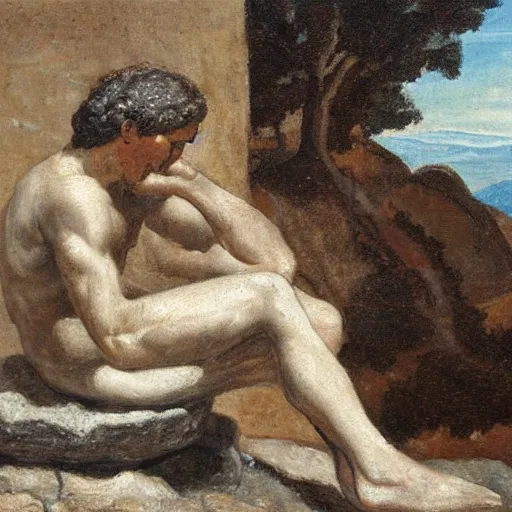 Prompt: painting of a thinking man sitting on a stone surrounded by beautiful women, greek