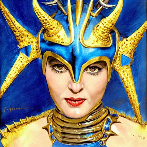 Image similar to painting of a woman in elaborate blue and gold armor with spiked horns on her helmet, painting by Frank Franzetta