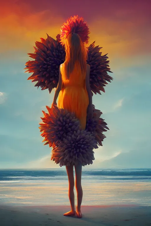 Image similar to closeup giant dahlia flower head, girl standing on beach, surreal photography, blue sky, sunrise, dramatic light, impressionist painting, digital painting, artstation, simon stalenhag