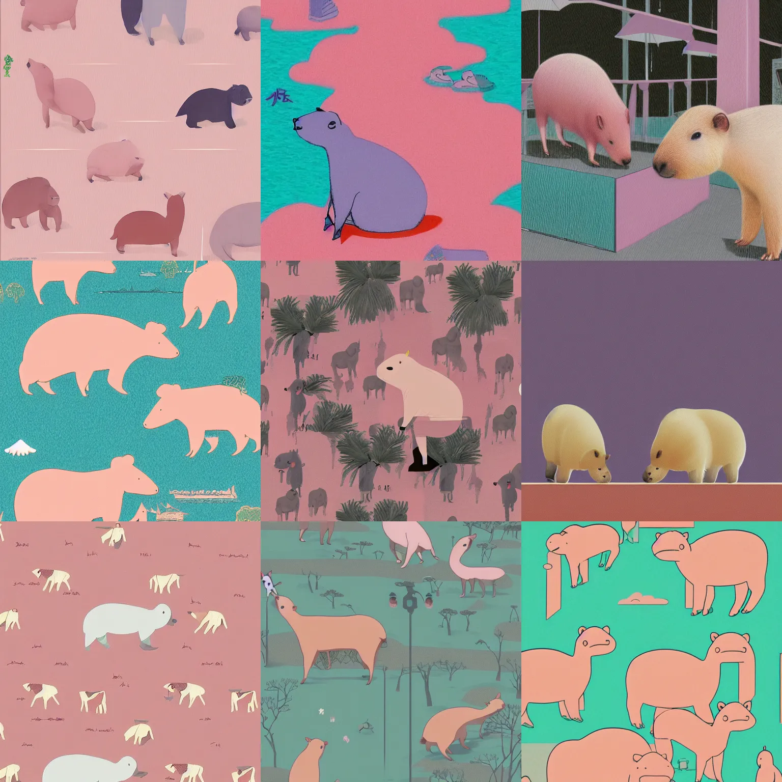 Prompt: pastel aesthetic wallpaper of capybaras in tokyo by aris roth and by elora pautrat and by sarah peltier, detailed
