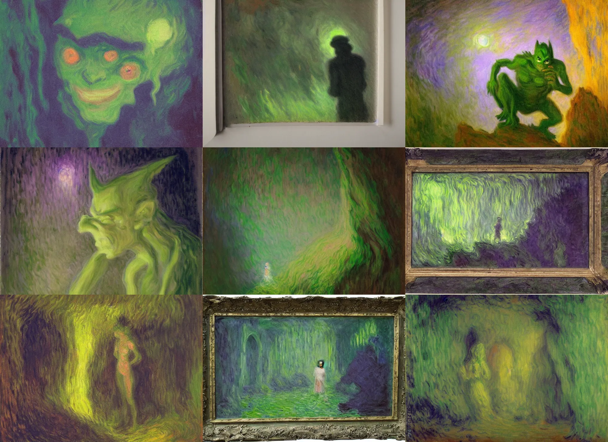 Prompt: weird nasty little green goblin creature in a dark cave, torchlight, impressionist painting, claude monet, pale pastel colours, dreamy hazy