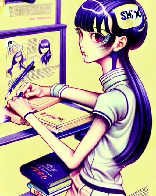 Prompt: a richly detailed color  illustration depicting a pretty teenage secret android woman as a snobby prep highschool student surrounded by beautiful cursive writing while she does maintenance on the machinery in her head, large format image. illustrated by Artgerm and Mina Petrovic and Range Murata. 3D shadowing.