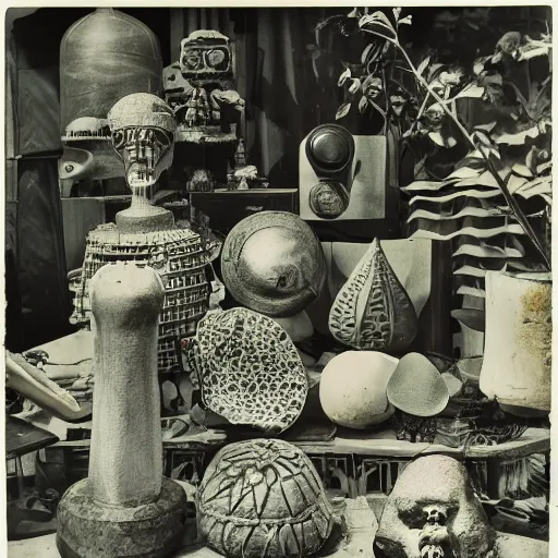 Prompt: An offset photography of an object on display, three colors, anthropology of wonder, (exotic artifacts), modernism, tropicalism, colonial expedition, exhibition, 60s style