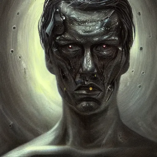 Prompt: surreal portrait of a man by Greg Rutkowski and H.R Giger, he is about 30 years old, messy long black hair, tired appearance, roman nose, peaceful but sad and resigned expression, martyred as a biomechanical transhuman cyborg god, eyes glow electric blue, cosmic void background, frightening, fascinating, highly detailed portrait, digital painting, book cover, artstation, concept art, smooth, sharp foccus ilustration, Artstation HQ.