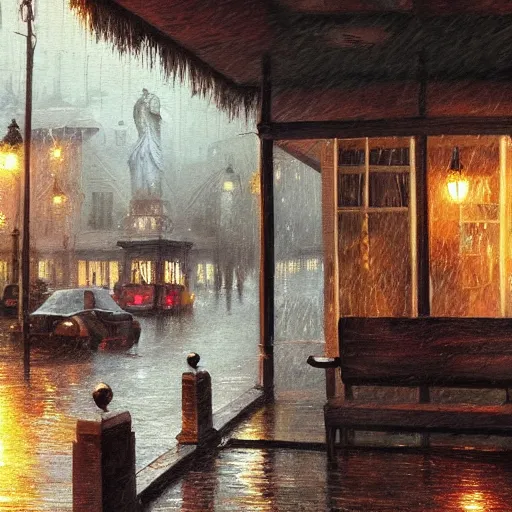 Prompt: cozy warm place in the rain, evening, warm lighting, realistic, intricate, detailed, concept art, classical painting, soft light, trending on art station. n-4 h-708