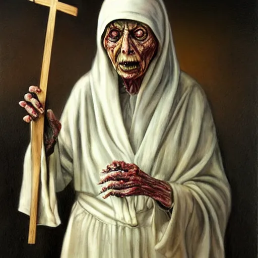 Image similar to a hyperrealistic painting of mother theresa as a zombie, holding a crucifix, by santiago caruso, highly detailed, sharp focus,