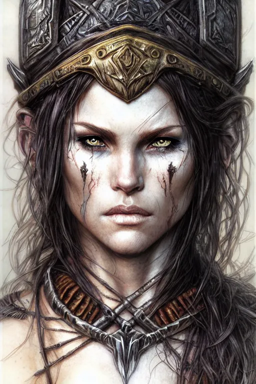 Prompt: head and shoulders portrait of a barbarian, female, high fantasy, d & d, by luis royo, magali villeneuve, donato giancola, wlop, krenz cushart, artgerm, face details, extremely detailed, digital illustration