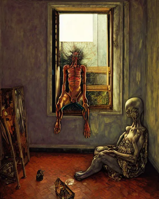 Image similar to oil painting of an old dead figure watching the sun fall from window in a living room in an old apartment, Wayne Barlowe digital art, Beksinski impasto painting, part by Egon Schiele, part by Peter Mohrbacher and Gerhard Richter. art by Francisco Goya and Takato Yamamoto,  Francis Bacon masterpiece