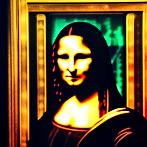 Image similar to cinematic movie still of cybernetic character named Mona Lisa in Neuromancer, futuristic eye implant, cyberpunk, XF IQ4, 150MP, 50mm, F1.4, ISO 200, 1/160s, twilight in the city