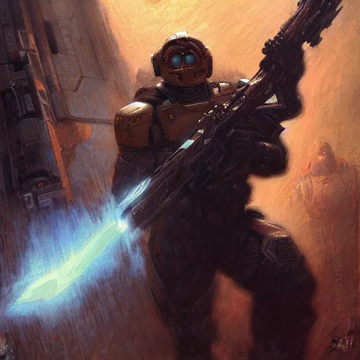 Image similar to Leonardo Dicaprio Doom Slayer, by gaston bussiere, craig mullins, Simon Bisley