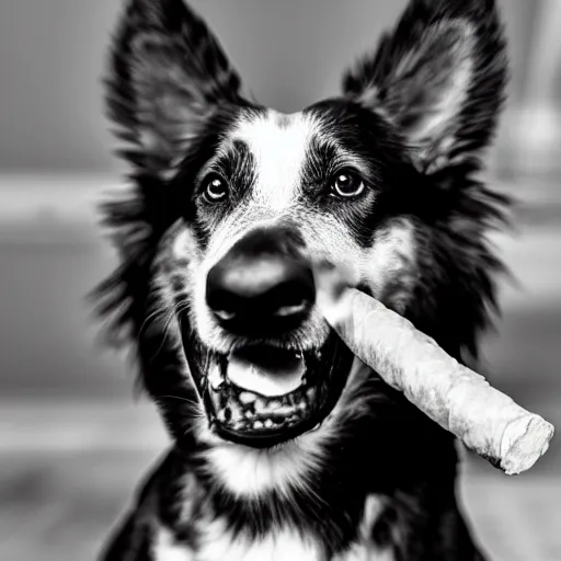 Prompt: photo of dog with lit cigar in mouth, smoking