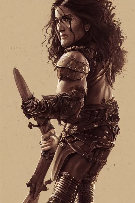 Prompt: portrait, Salma Hayek , barbarian , dressed in leather armor, face portrait, raphael lacoste, eddie mendoza, alex ross, concept art, matte painting, highly detailed, rule of thirds, dynamic lighting, cinematic, detailed, denoised, centred