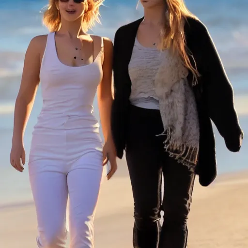 Image similar to Jennifer Lawrence and Jennifer Lawrence walking along the beach together, golden hour, 8k