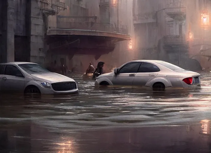 Image similar to a car driving through shallow water, flooded city, muted colors, hyperrealistic, oil painting, intricate, cgsociety, artstation, 8 k, cinematic, soft lighting, by greg rutkowski, by wlop, by artgerm