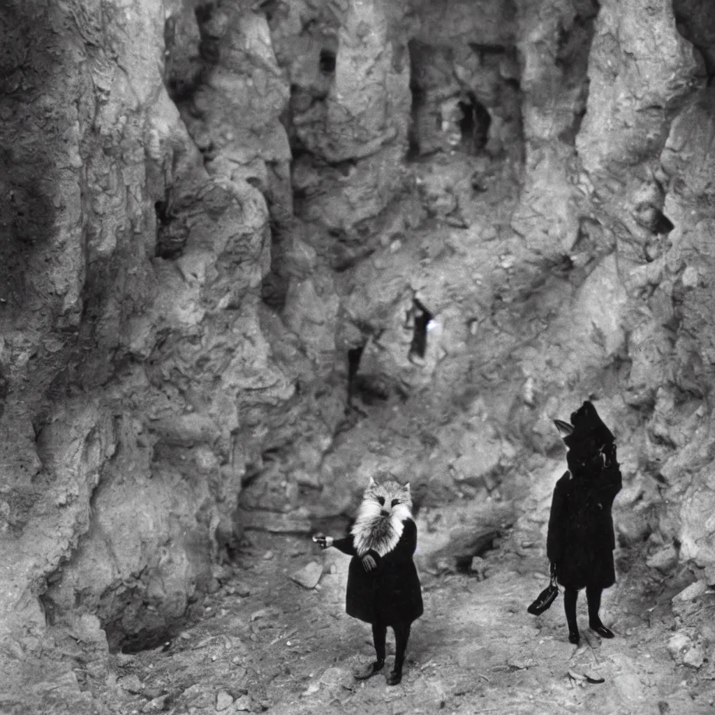 Image similar to anthropomorphic furry fox wearing suit explores underground city, 1 9 3 0 s film still