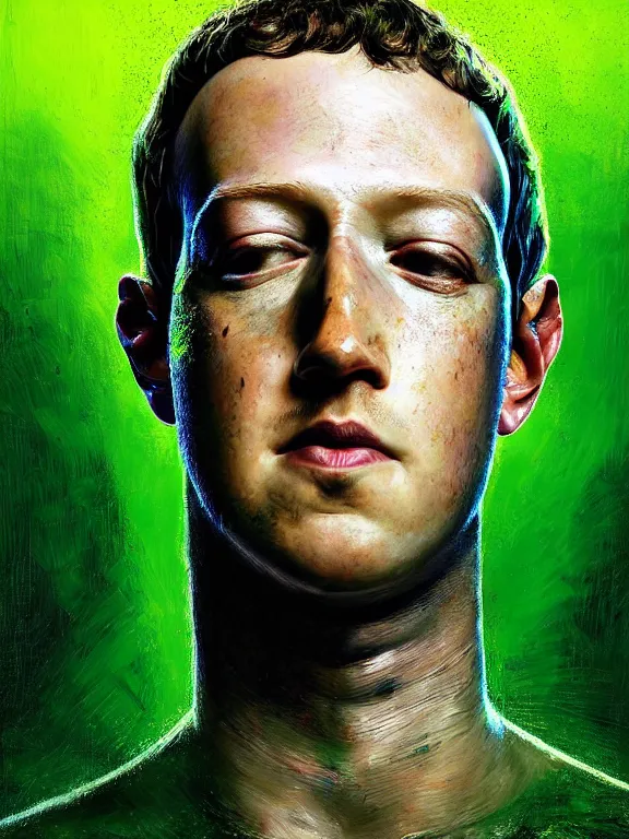 Image similar to portrait of a mark zuckerberg, skin peeling away to reveal bright green reptile!!! skin, art by ryo shiotani and greg rutkowski, intricate, beautiful, cinematic lighting, vintage art by serge ivanoff, high resolution, very detailed