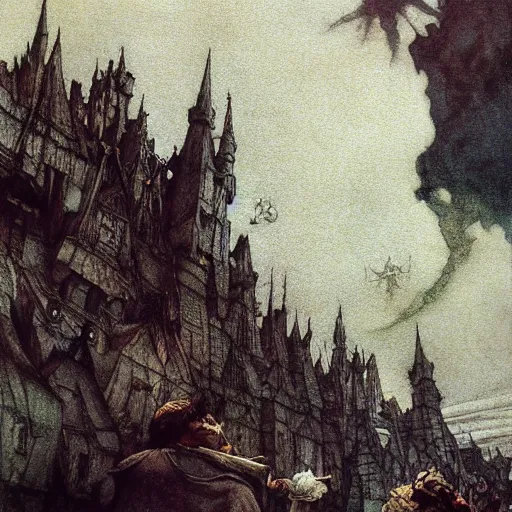 Prompt: Fantasy village, the inhabitant looking up at the sky. The sky is completely covered to the horizon by an incredibly huge airship-like ship. Extremely high detail, realistic, dark fantasy art, masterpiece, 8k, octane rendering, Arthur Rackham painting, art by Victoria Frances, Frank Frazetta.