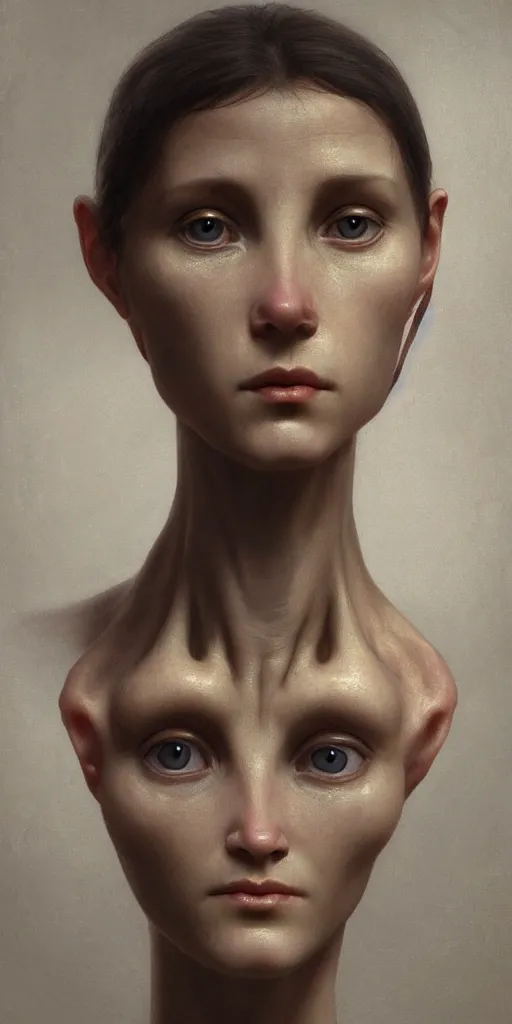 Image similar to A beautiful female alien face with a very long neck, alien is from the future, Realistic, Refined, Detailed Digital Art, Oil Painting, William-Adolphe Bouguereau, Pre-Raphaelite,Renaissance, Highly Detailed, Cinematic Lighting, Unreal Engine, 8K