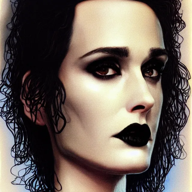 Prompt: ' winona ryder in an eighties movie as a goth ', closeup shot of face, beautiful shadowing, three dimensional shadowing, reflective surfaces, illustrated completely, high definition beautifully detailed illustration on polished glass, extremely hyper - detailed technique, intricate, perfect coloring, low saturation, epic composition, masterpiece, bold complimentary colors. stunning masterfully illustrated.